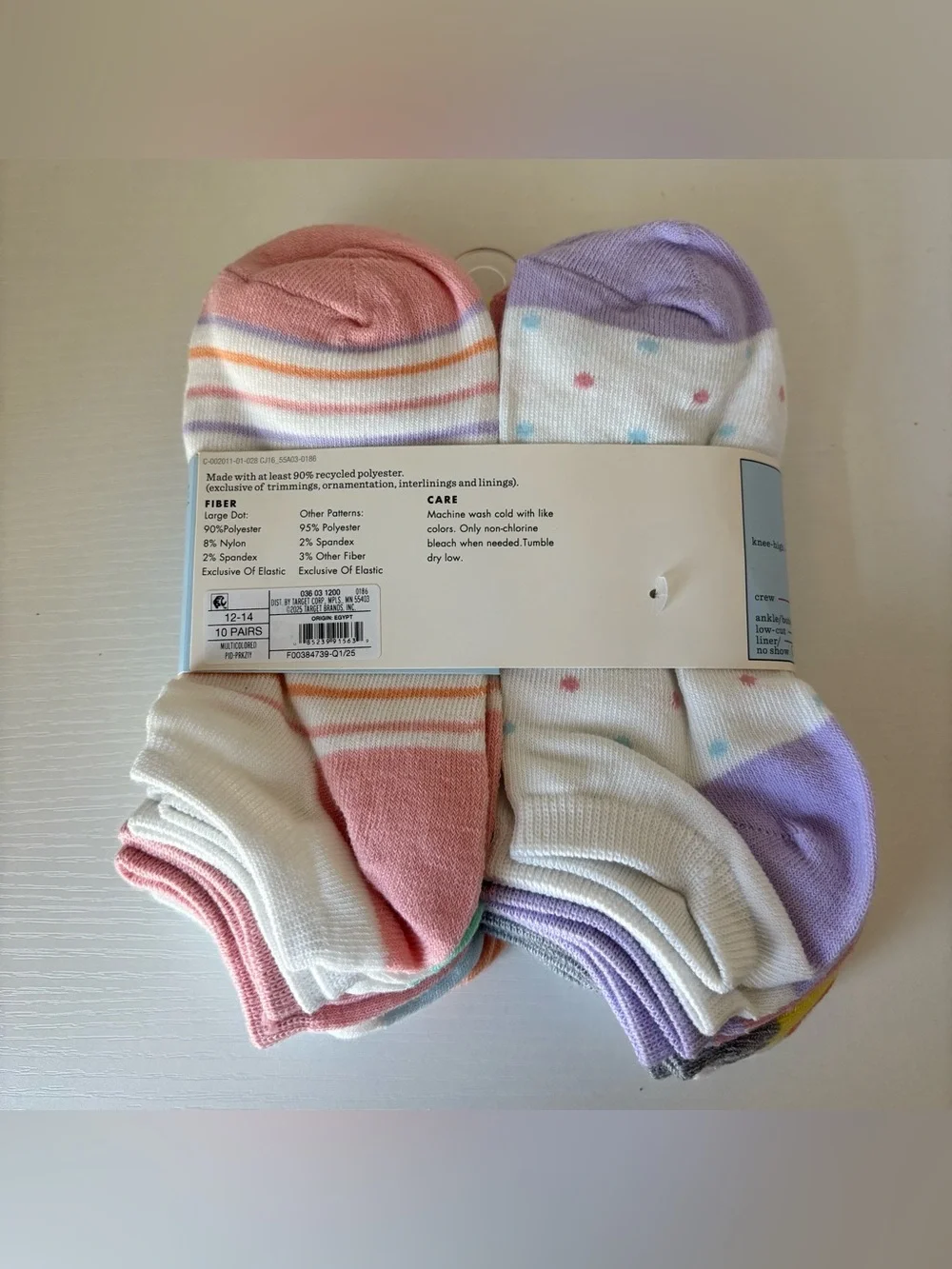 Girls' 10pk Lightweight No Show Striped Socks - Cat & Jack size L 12-14  NEW